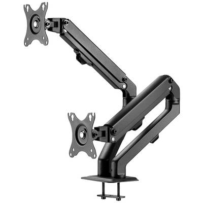 Bras de moniteur double avec deux supports réglables de couleur noire et fixation par pince, adapté pour deux écrans.