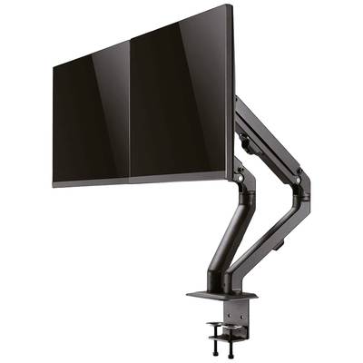 Support de moniteur double pour deux écrans, fixé à un bureau avec des bras réglables pour économiser de l'espace.