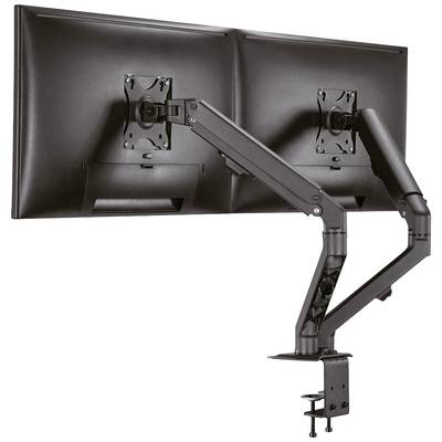 Un support de bras double-écran en métal, fixé à un bureau, maintient deux écrans côte à côte dans une position ergonomique.