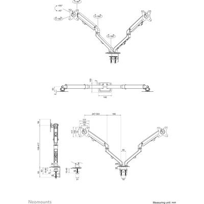 Diagramme d'un bras de moniteur réglable avec dimensions en millimètres. Montre les détails de la portée, de la rotation et de la fixation.