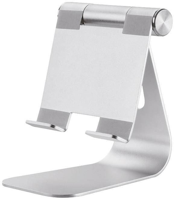 Support de tablette ou de smartphone en aluminium argenté, ajustable. Design minimaliste avec dos pliable.