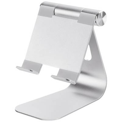 Un support réglable en métal argenté pour tablettes ou smartphones, doté d'une base stable et d'un angle ajustable pour un visionnage confortable.
