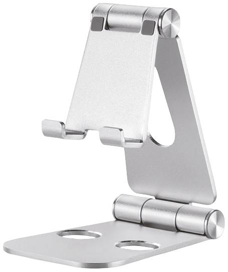 Support en argent, réglable pour tablette ou smartphone, doté de deux charnières permettant différents angles d'inclinaison.
