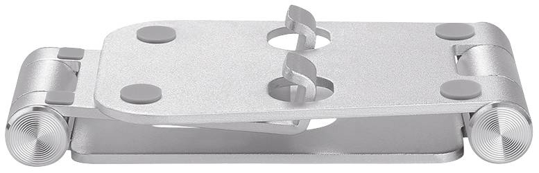 Support d'ordinateur portable pliable en métal argenté, avec des pieds en caoutchouc pour une stabilisation optimale. Adapté à différentes tailles d'appareils.