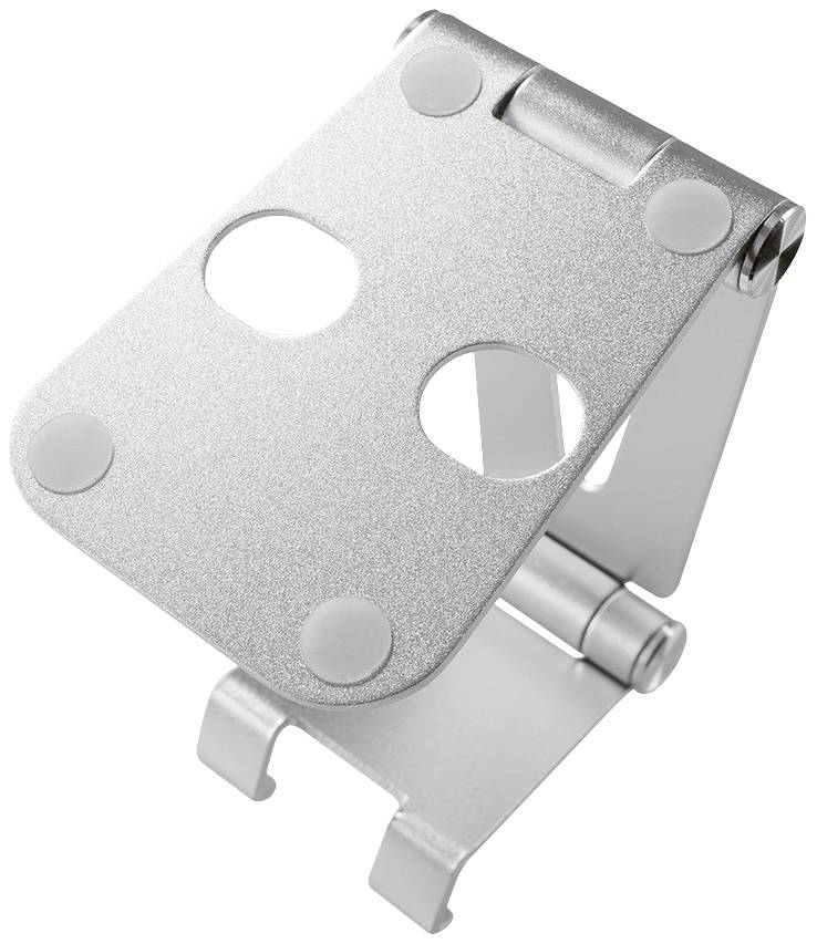 Un support métallique argenté et ajustable pour tablettes ou smartphones, avec deux découpes circulaires dans la plaque de support.