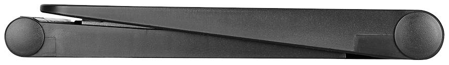 Ordinateur portable noir plié, vu de côté, avec un accent sur sa structure fine et compacte.