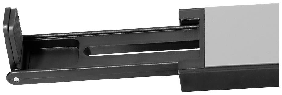 Support noir extensible ou coulissant pour un appareil, probablement pour une étagère ou un support, sur fond blanc.