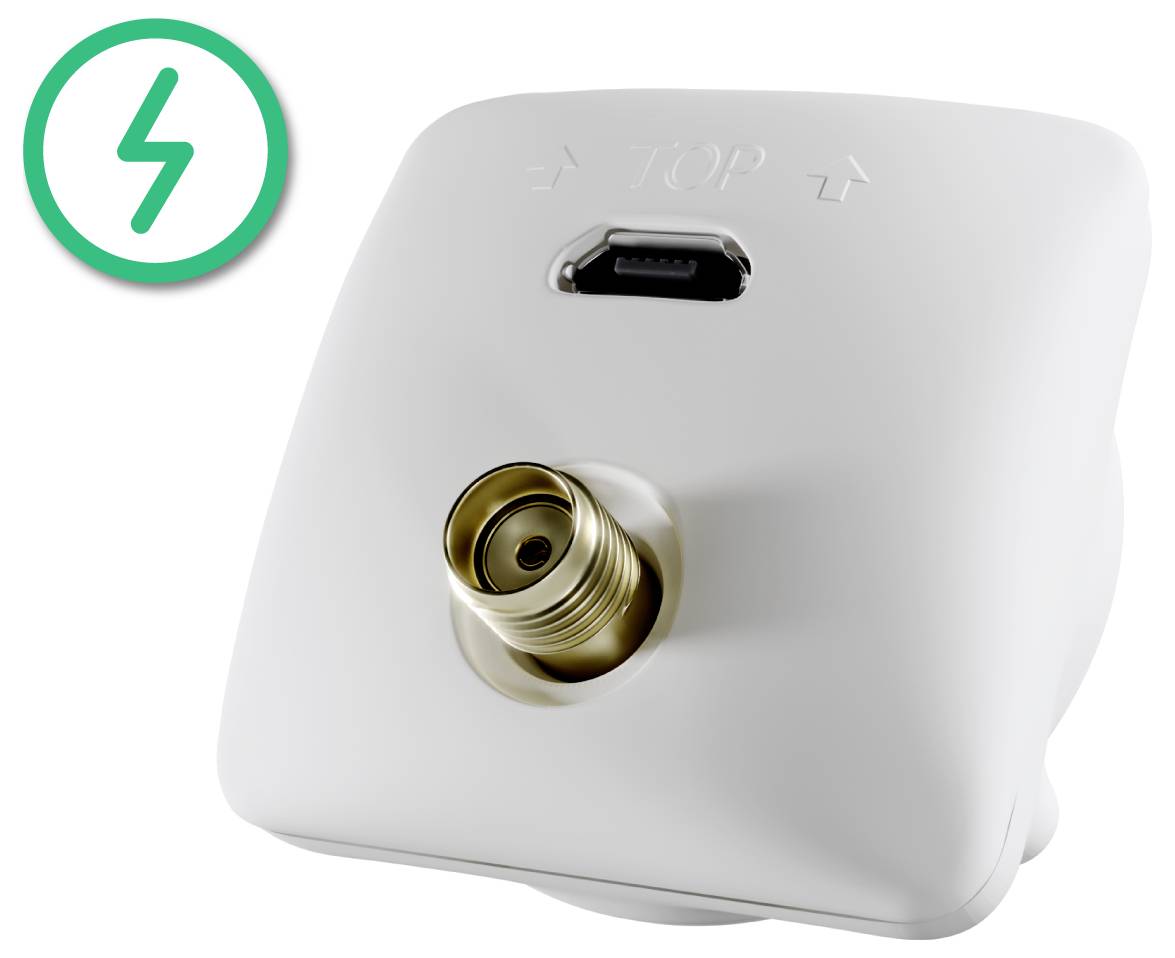 Prise d'antenne avec marquages supérieurs et connecteur F. Comprend une icône verte avec un éclair, indiquant un focus électrique ou de signal.