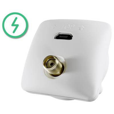 Prise d'antenne avec marquages supérieurs et connecteur F. Comprend une icône verte avec un éclair, indiquant un focus électrique ou de signal.
