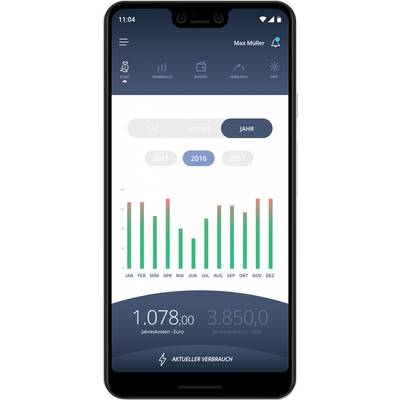 Écran de smartphone avec un diagramme de consommation d'énergie. Le graphique à barres montre la consommation mensuelle pour 2016. Coût maximal : 1 078 euros.
