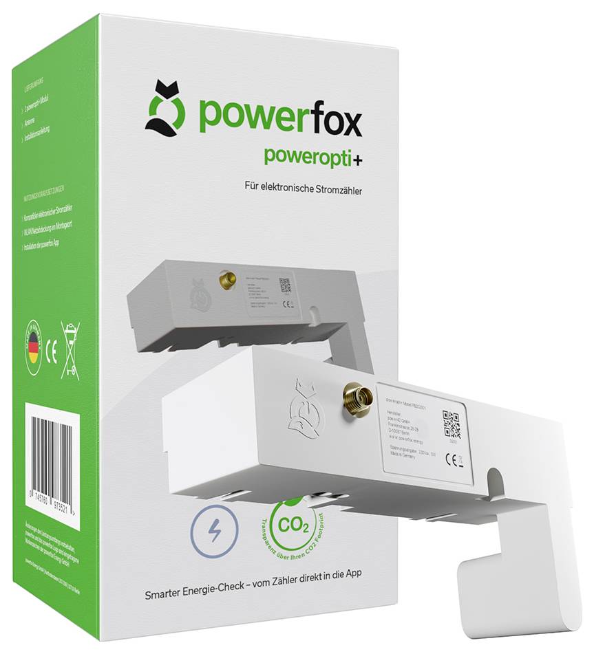 Emballage pour 'powerfox poweropti+' compteur d'énergie électronique. Présente une image du dispositif, la marque CE et un code QR. Met l'accent sur l'utilisation intelligente de l'énergie.