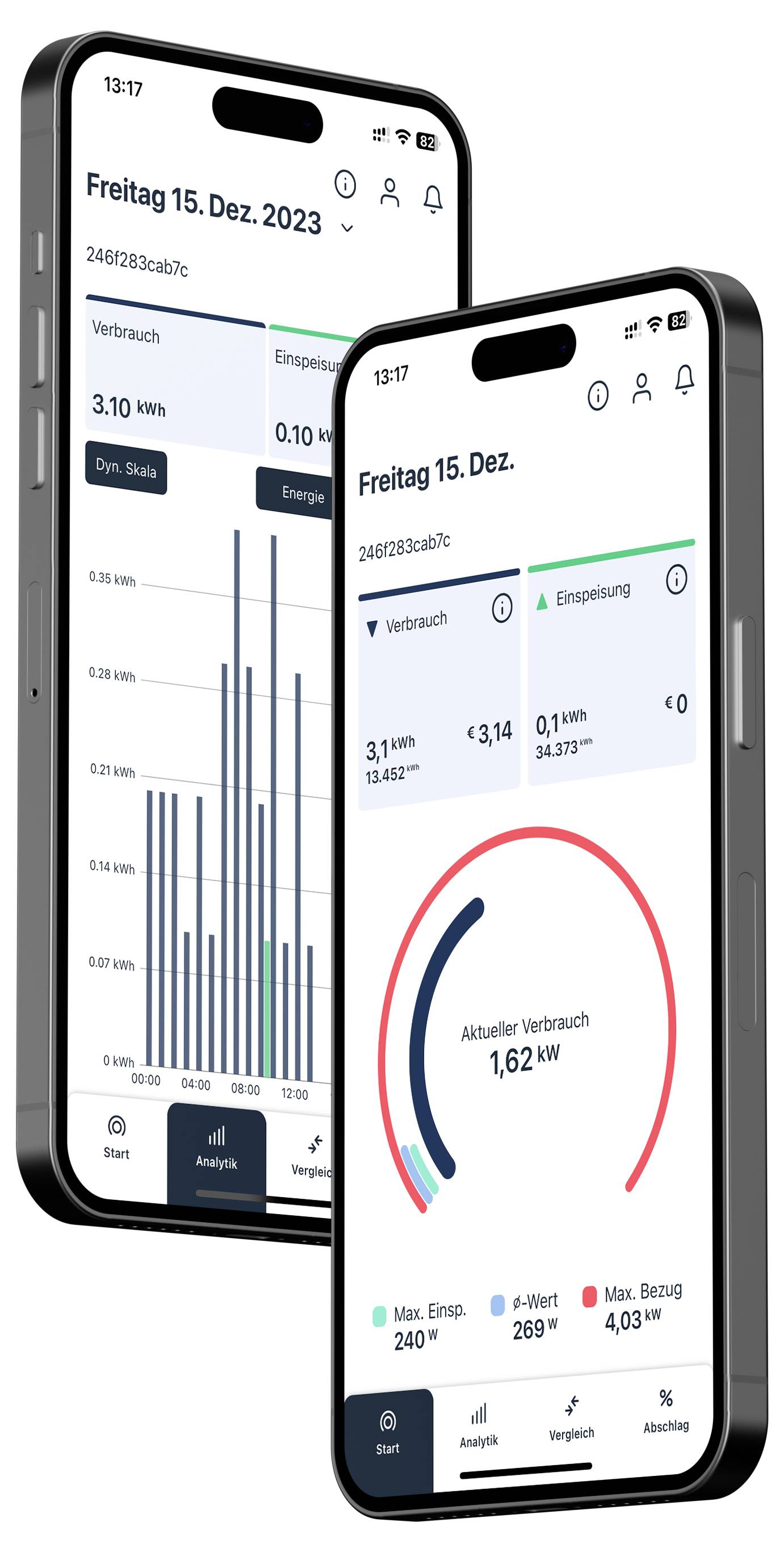 Deux écrans de smartphones affichent des graphiques et des données sur la consommation d'énergie le « Vendredi 15 déc. 2023 ». Des graphiques à barres et des diagrammes circulaires sont visibles.