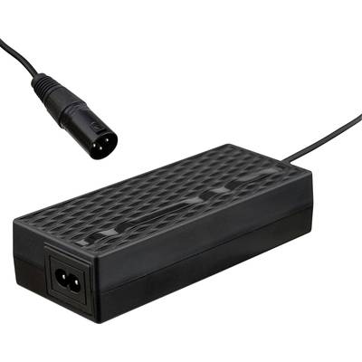 Un bloc d'alimentation noir avec une fiche tripolaire. Il est logé dans un boîtier rectangulaire présentant un motif quadrillé sur le dessus.