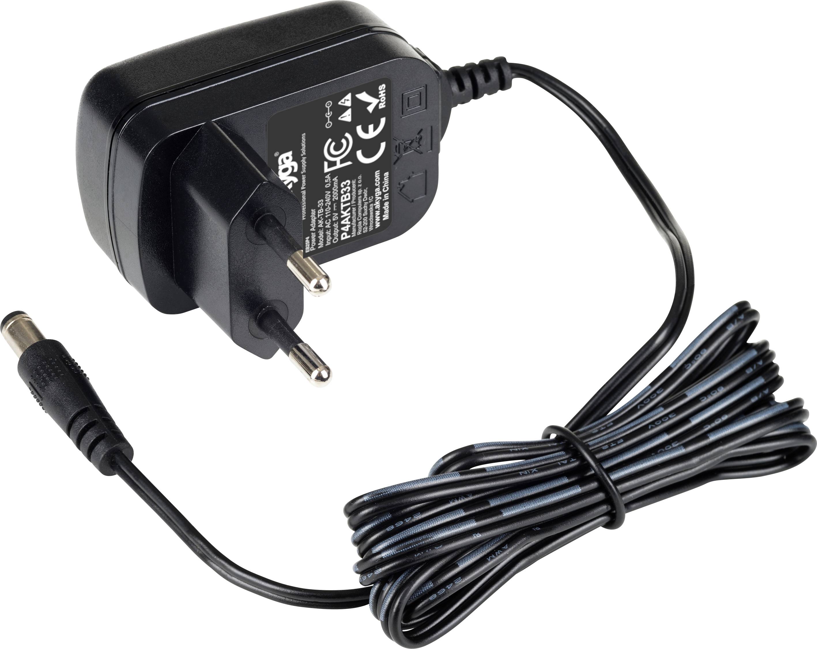 Adaptateur secteur noir avec fiche européenne et câble long. Adapté aux appareils électroniques.