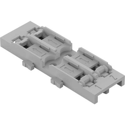 Adaptateur en plastique gris rectangulaire avec des verrouillages mécaniques et deux emplacements marqués, identifiés par '1' et '2'.