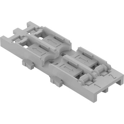 Pièce technique en plastique grise avec deux rails parallèles portant les numéros '1' et '2'. Composant technique complexe utilisé pour la fixation.