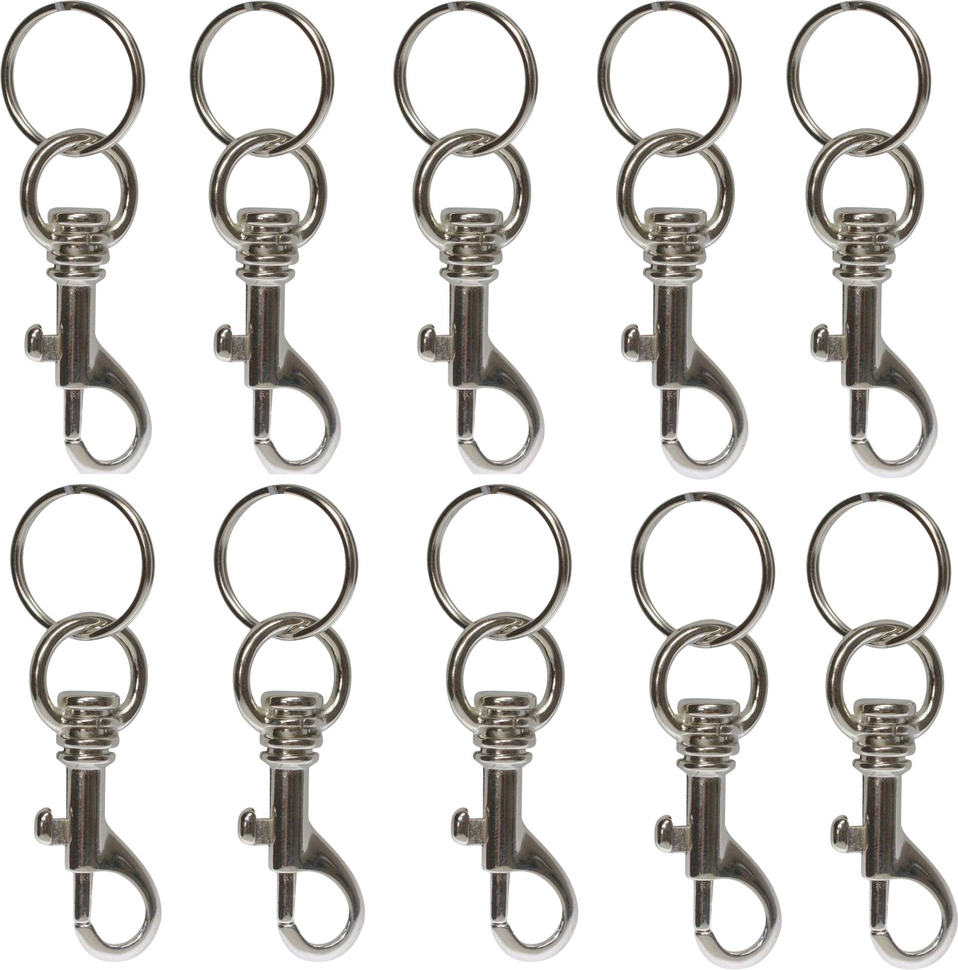 Dix porte-clés en métal identiques avec mousquetons rotatifs disposés en deux rangées.