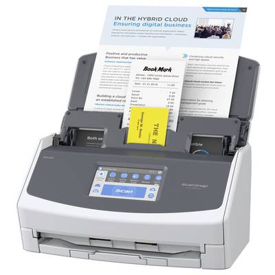 Un scanner numérise plusieurs documents, dont une brochure intitulée « DANS LE CLOUD HYBRIDE ». L'écran affiche les options de numérisation.