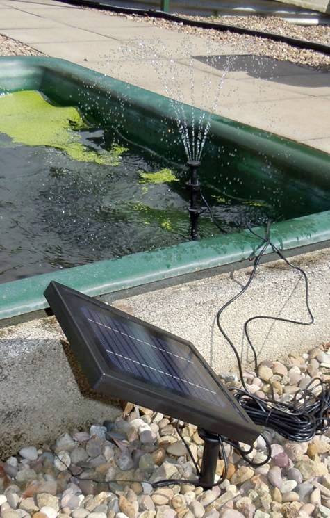 Un petit panneau solaire alimente un arroseur dans un bassin rectangulaire partiellement recouvert d'algues.