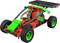 Une petite voiture miniature avec une cellule solaire sur le toit, des composants rouge et vert, des engrenages et des câbles électriques visibles.