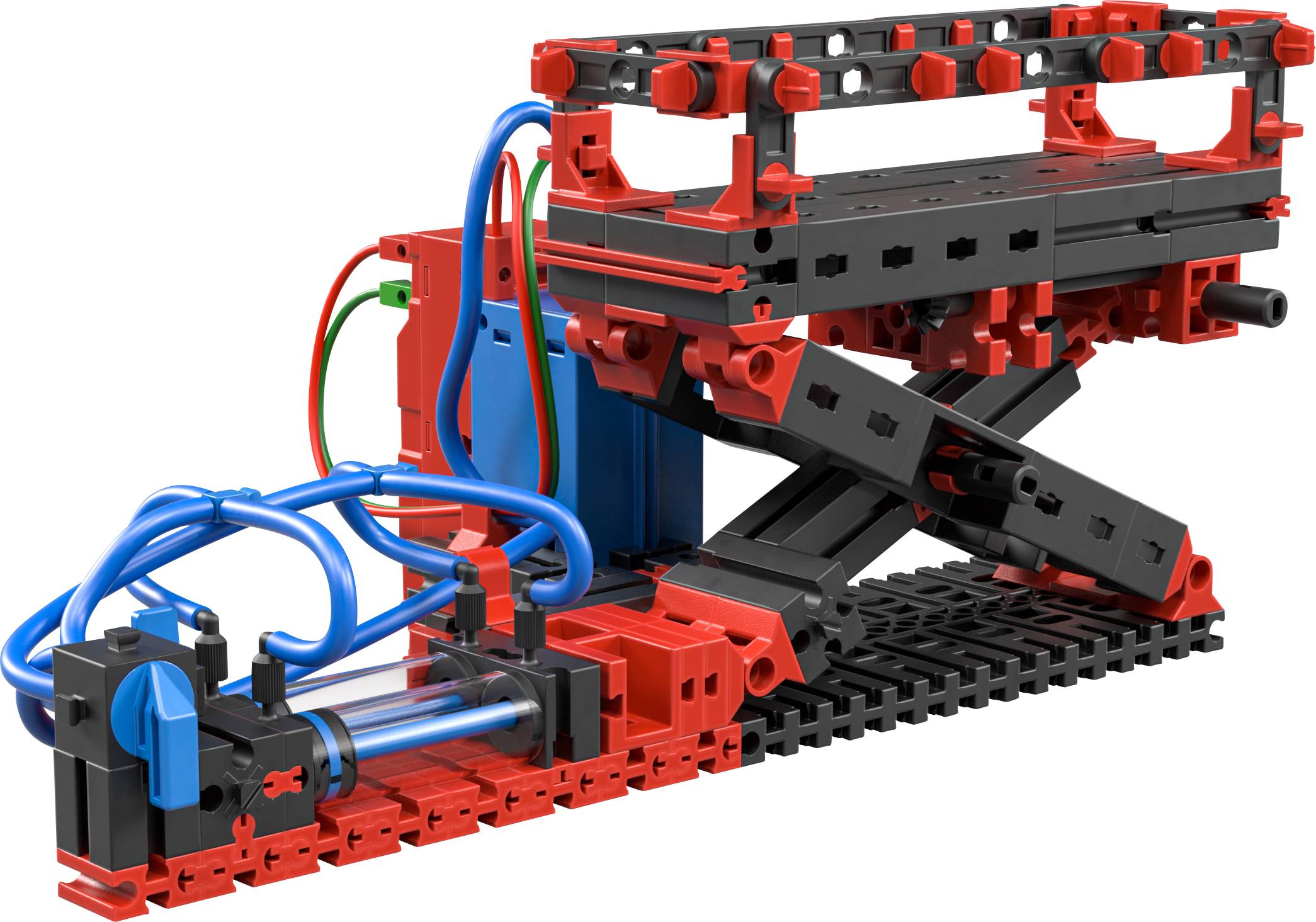 Modèle d'un kit de pont élévateur hydraulique avec des composants rouges et noirs et des tuyaux bleus, idéal pour illustrer les principes mécaniques.