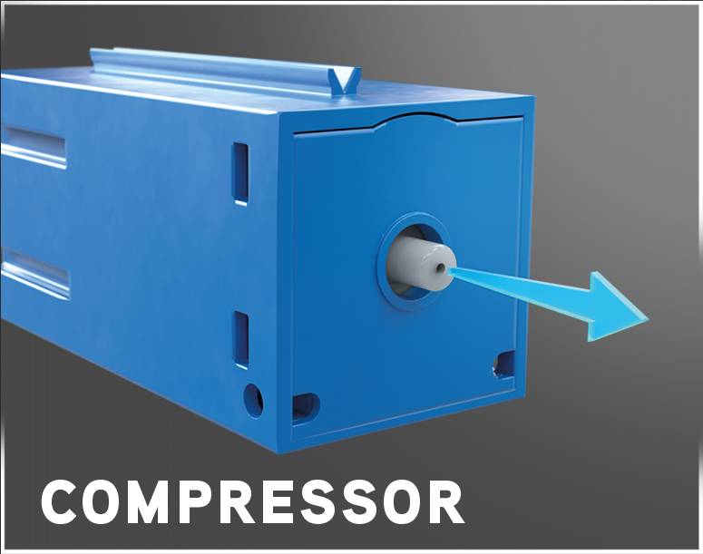 Compresseur bleu avec une flèche indiquant le flux d'air. Fond gris avec le texte blanc 'Compresseur'.