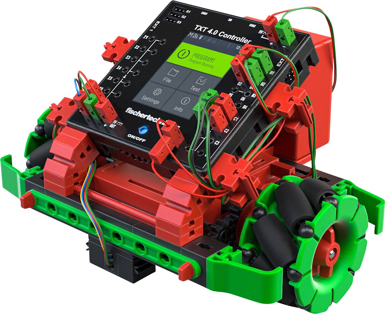 Kit de construction de robot avec un cadre rouge et vert, équipé d'un contrôleur 'TXT 4.0' pour la programmation et le pilotage.