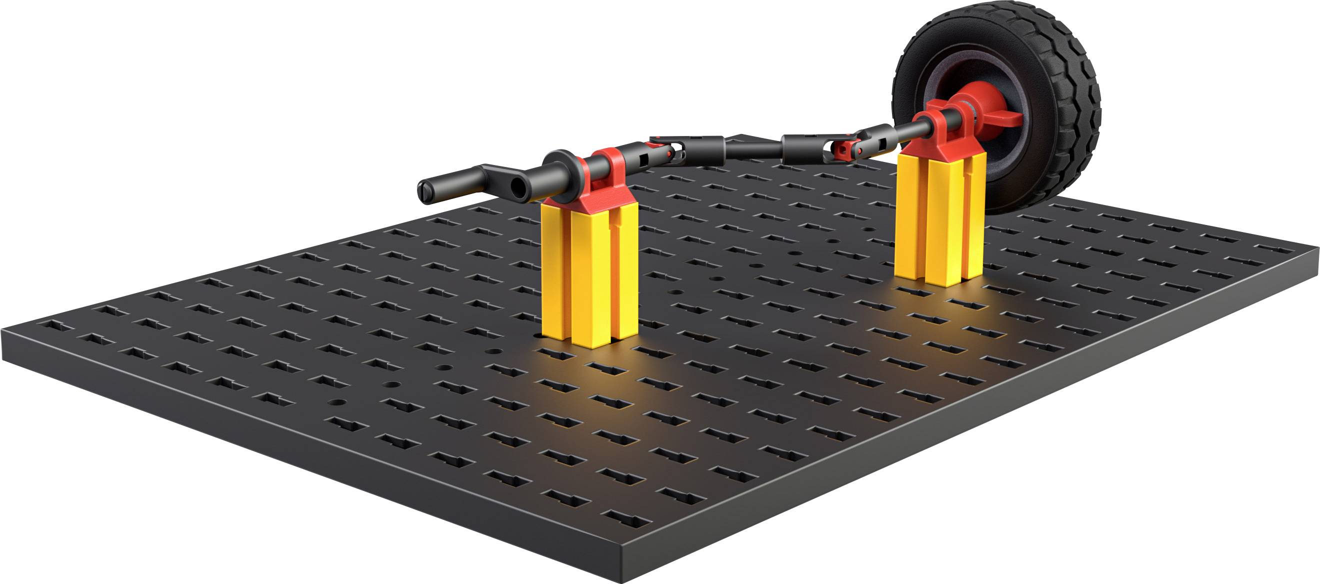 Un rectangle noir perforé sur un plan, soutenu par deux supports jaunes portant une tige connectée et une roue.