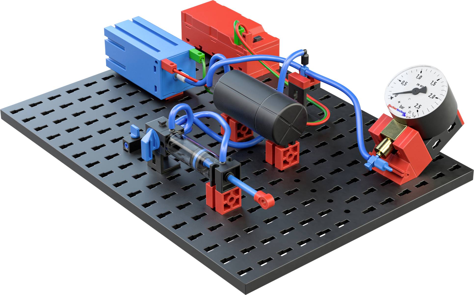 Une représentation d'un modèle mécanique sur une plaque avec des cylindres, des tubes et un manomètre, montrant une configuration pneumatique.