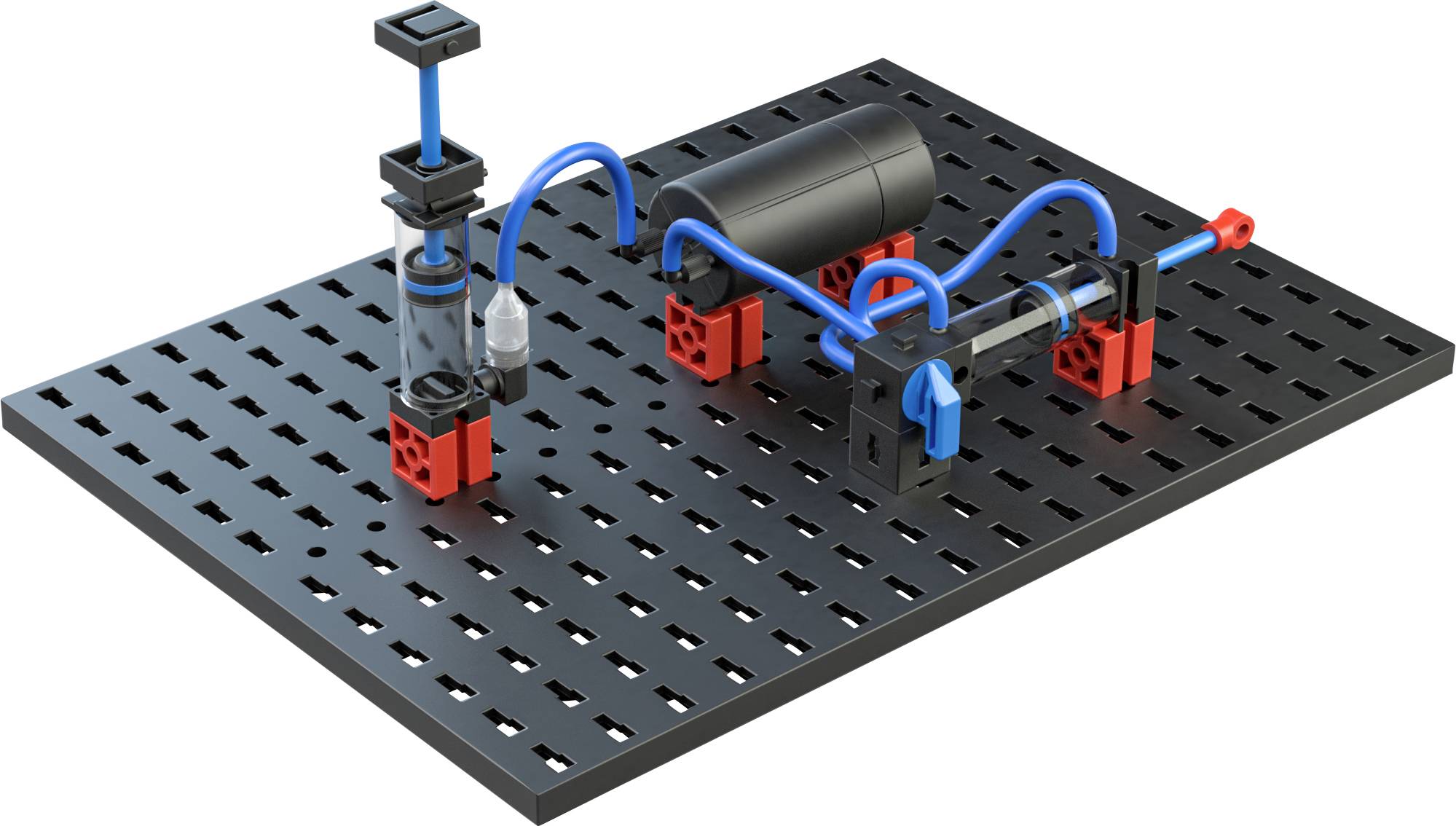Une plaque noire perforée avec des composants bleus, rouges et noirs montés forme un petit circuit hydraulique.