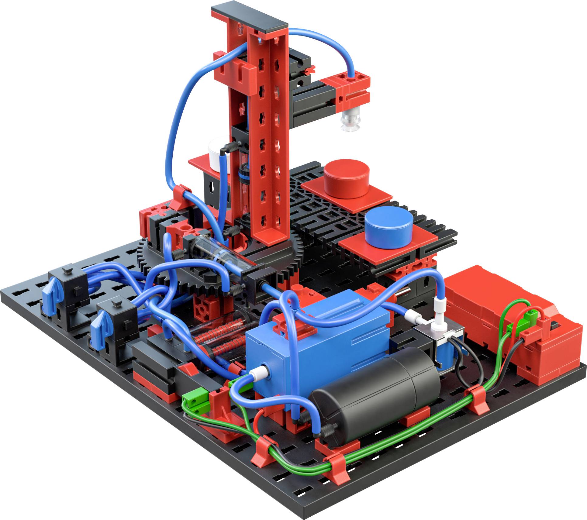 Kit d'un modèle hydraulique composé de pièces rouges et noires, reliées par des tuyaux bleus et verts sur une plaque de base.