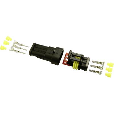 Connecteur électrique multipolaire présenté en pièces détachées, avec des composants noirs, rouges et jaunes et des contacts métalliques.