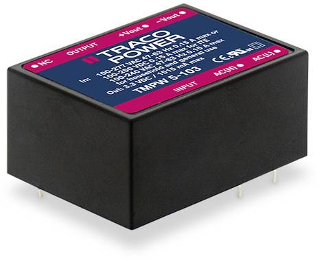 Un convertisseur électronique rectangulaire portant l'inscription 'Traco Power' sur le dessus et comportant des spécifications techniques.