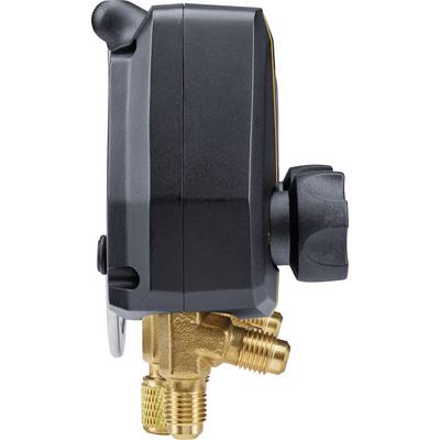 Vue latérale d'un appareil de mesure noir avec un bouton rotatif et des valves de connexion dorées en bas.