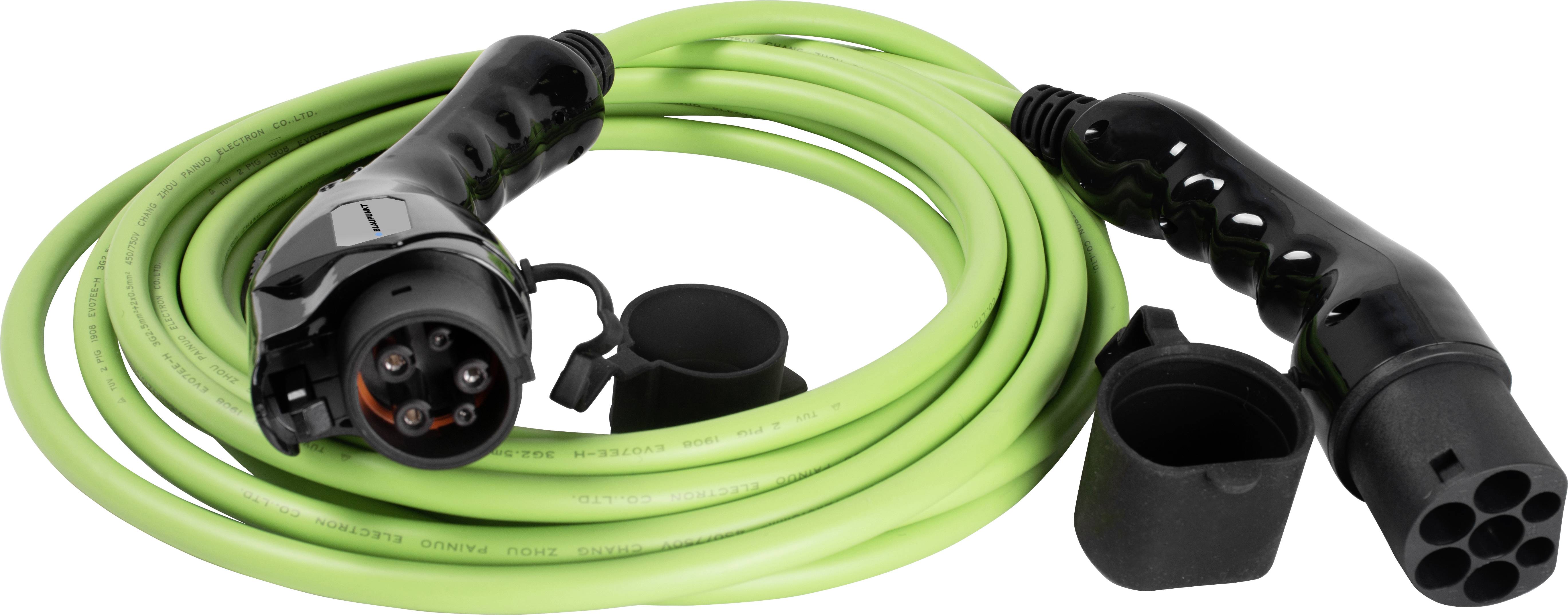 Câble de charge vert pour véhicules électriques avec deux connecteurs et capuchons de protection sur chaque extrémité.