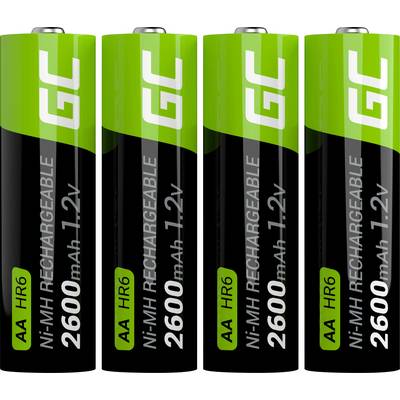 Quatre piles rechargeables AA, chacune de 2600 mAh, 1,2V. Nom de marque 'GC'. Design noir et vert.
