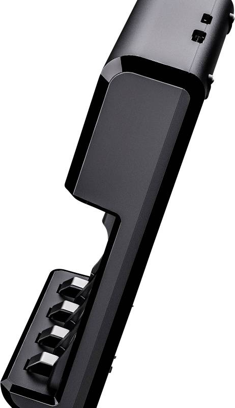 Stylet noir moderne avec plusieurs boutons, aligné diagonalement.