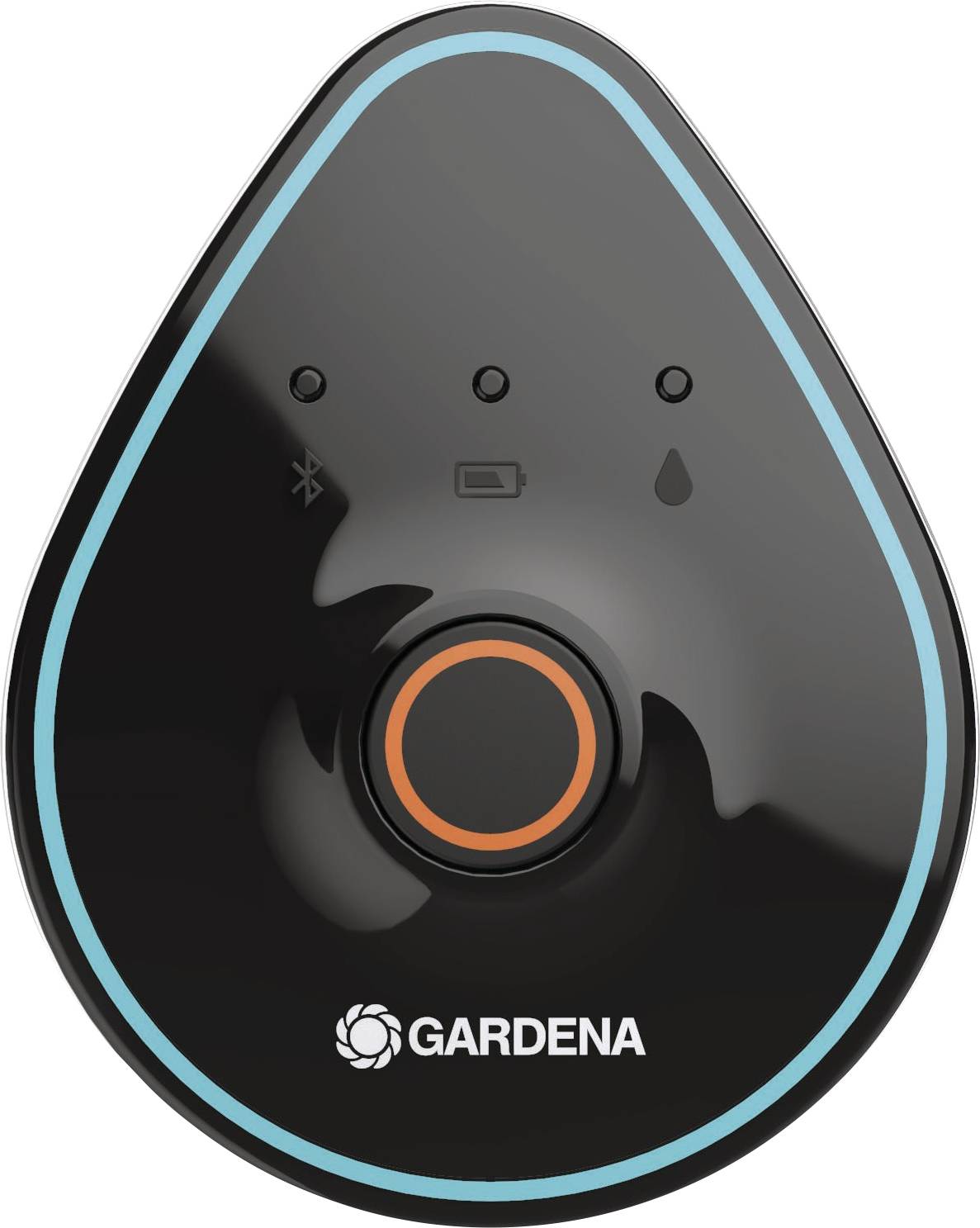 Un appareil Gardena noir en forme de goutte avec des voyants LED pour Bluetooth, la force du signal et l'eau, entouré d'un bord bleu.