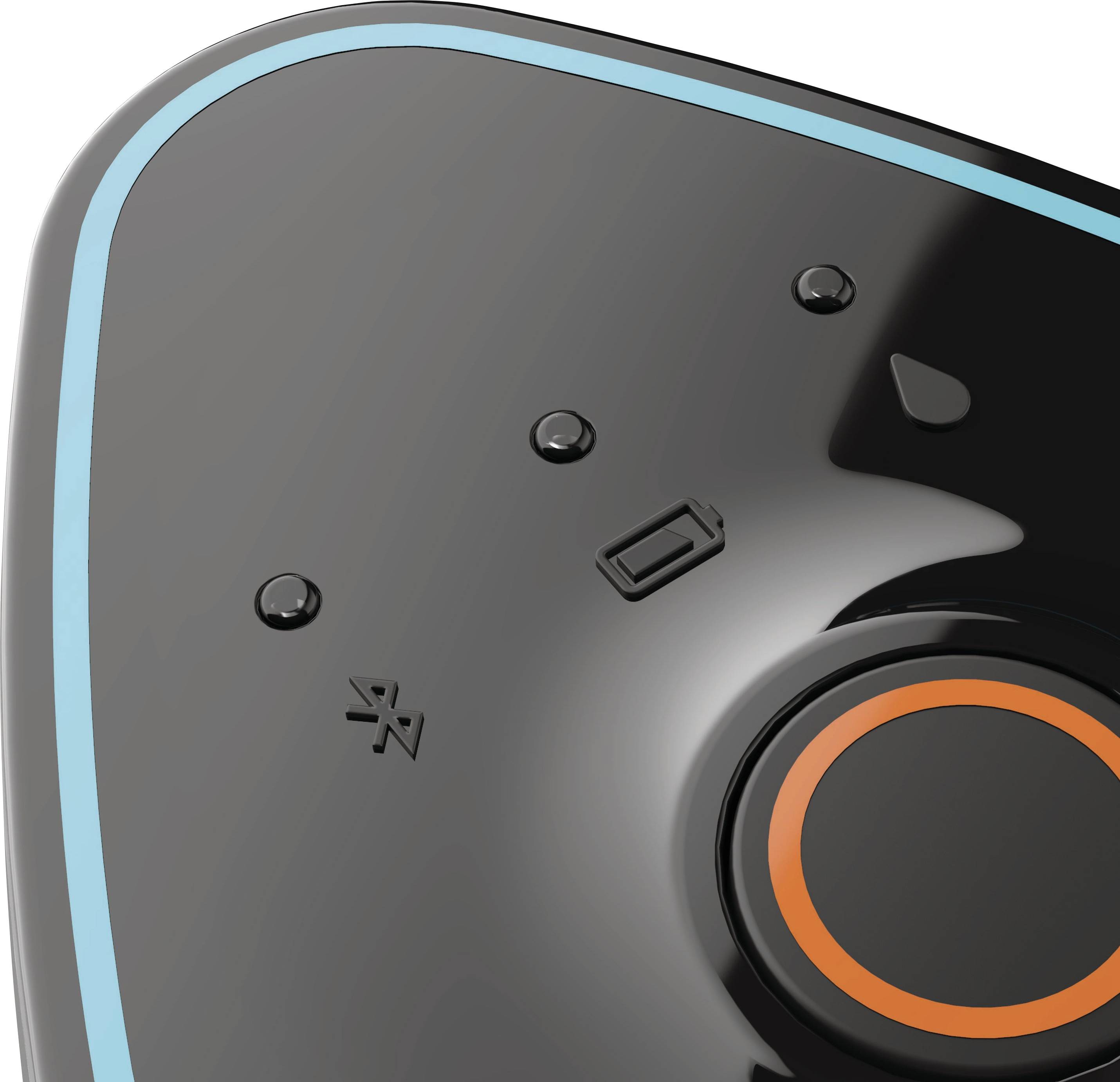 Gros plan d'un appareil noir avec des touches bleues, trois touches symboliques et un cercle central orange. Probablement un panneau de commande technique.