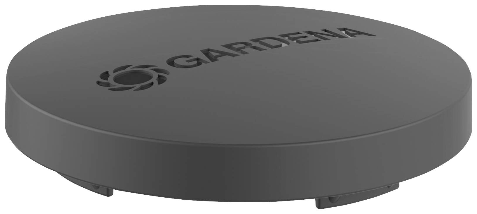 Couvercle noir rond et plat portant le mot 'GARDENA' en haut. Utilisé pour des outils de jardin ou des systèmes d'irrigation.