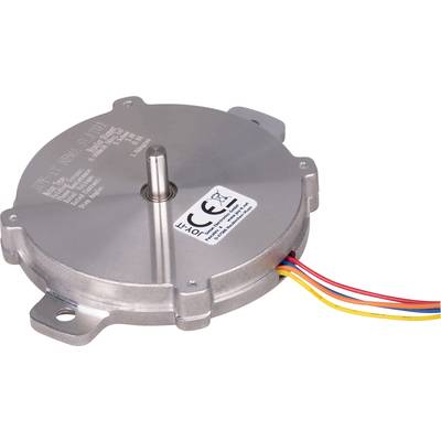 Moteur métallique compact avec axe saillant, certification CE et câbles de couleur : rouge, bleu, jaune.