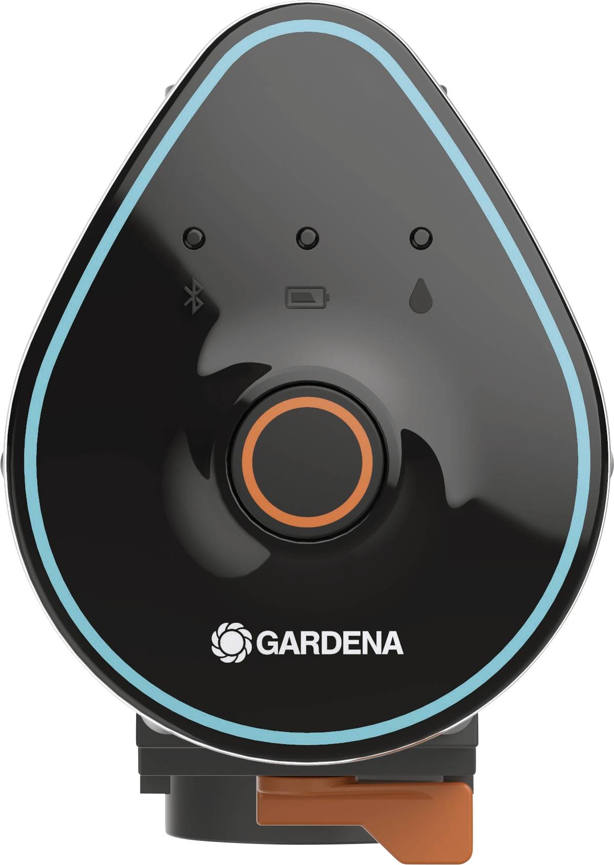 Un dispositif d'irrigation Gardena noir en forme de goutte avec des symboles de connexion Bluetooth, de niveau de batterie et d'arrosage.