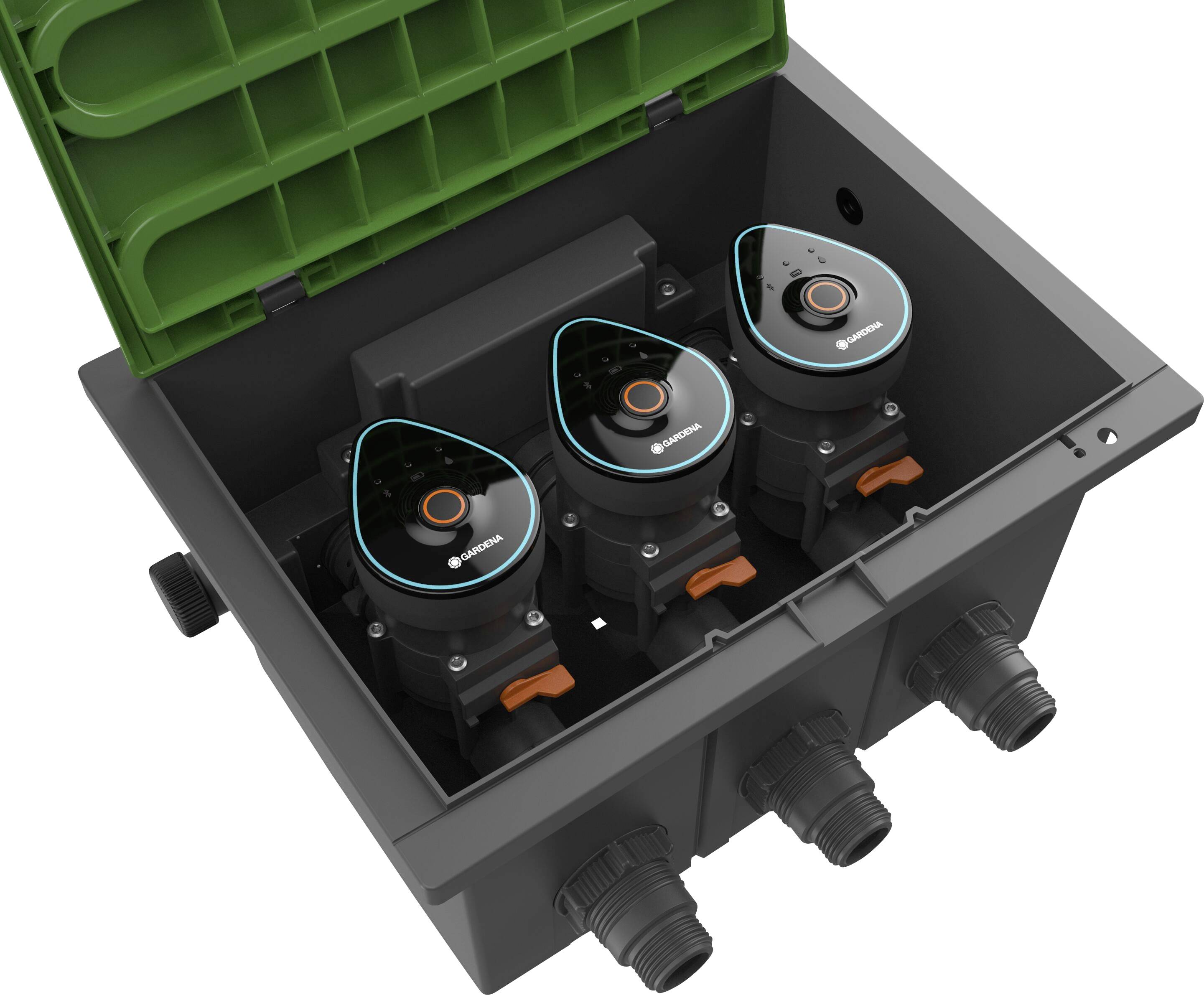 Un boîtier de distribution compact avec trois vannes rondes, chacune équipée d'un affichage et d'un bouton de commande, monté dans un boîtier robuste.