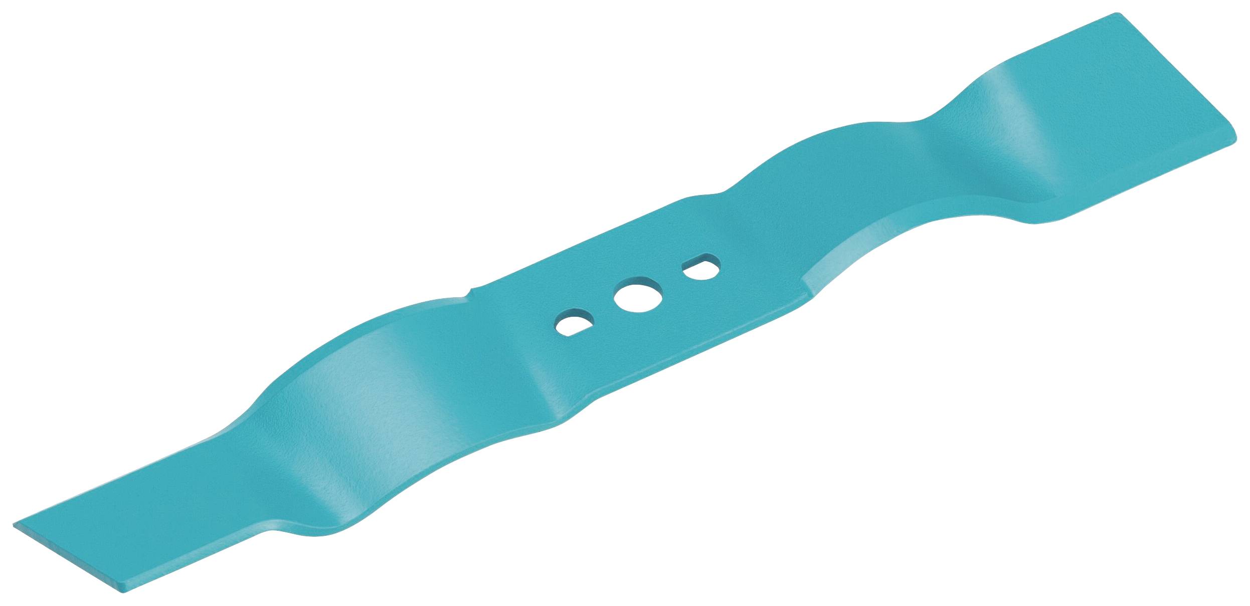 Une lame de rechange bleue pour tondeuse à gazon avec trois trous au centre et des bords ondulés.