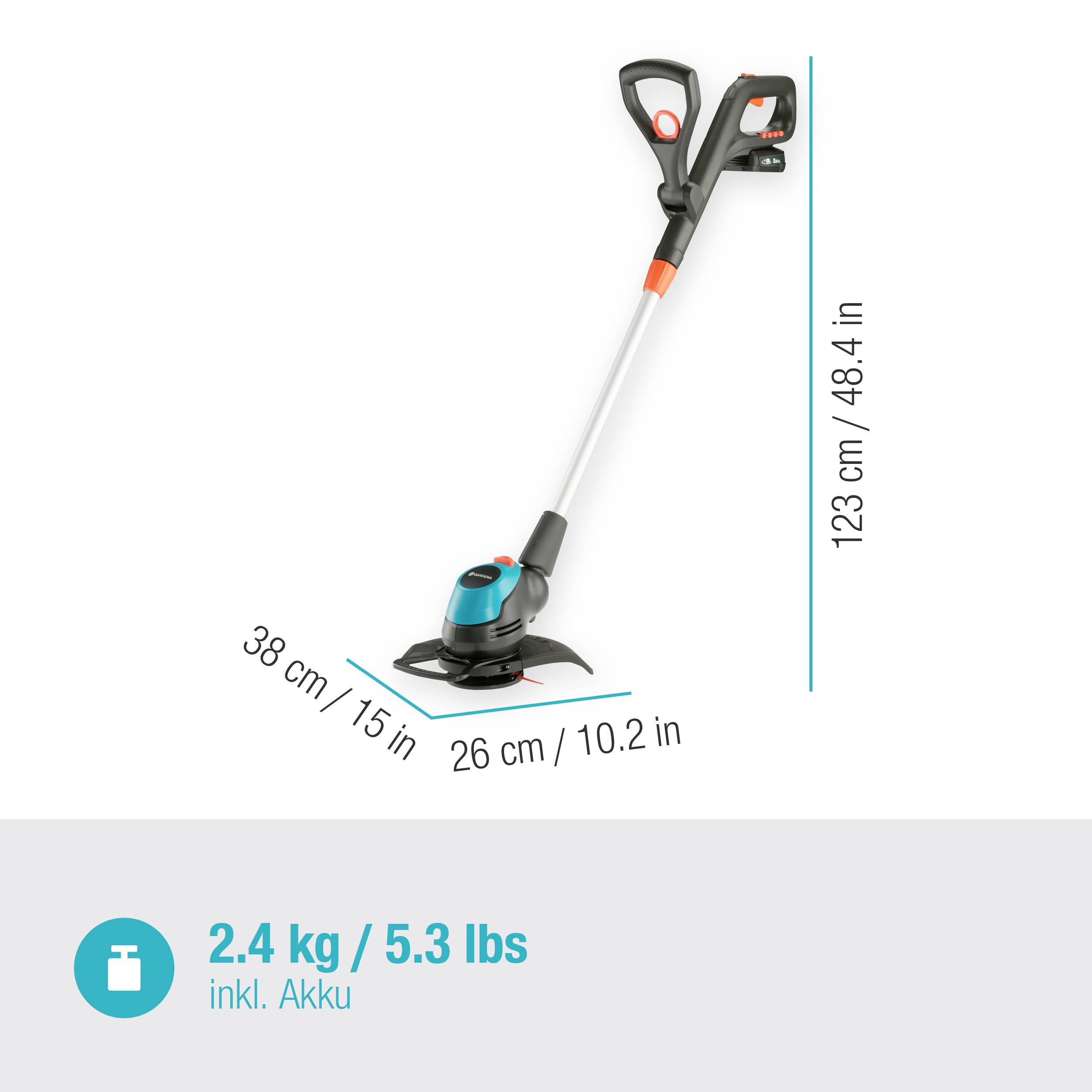 Coupe-bordure électrique avec une largeur de coupe de 26 cm et une longueur totale de 123 cm. Poids : 2,4 kg batterie incluse.
