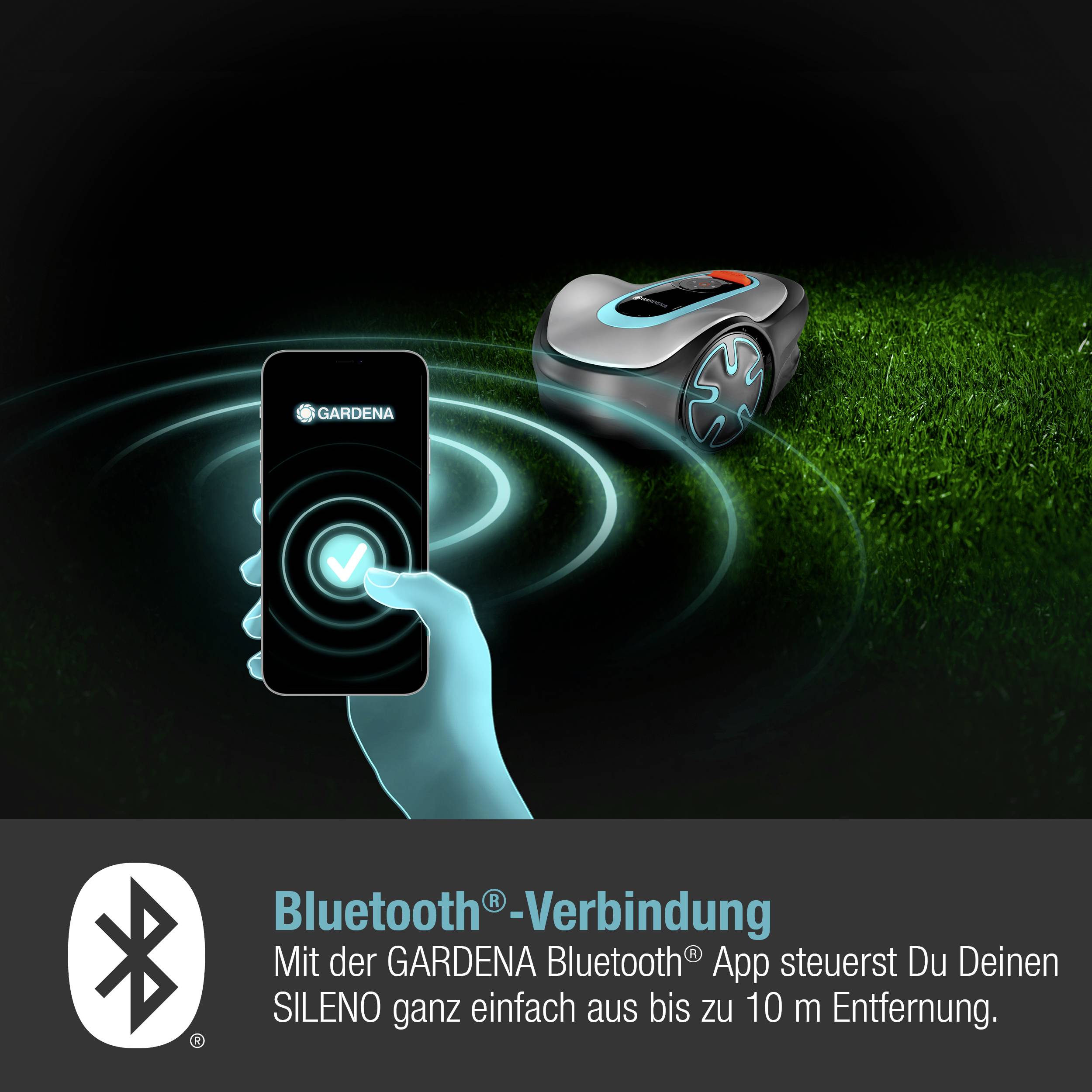 Connexion Bluetooth® : Avec l'application GARDENA Bluetooth®, vous contrôlez facilement votre SILENO à une distance allant jusqu'à 10 m. Un smartphone pilote un robot tondeuse.