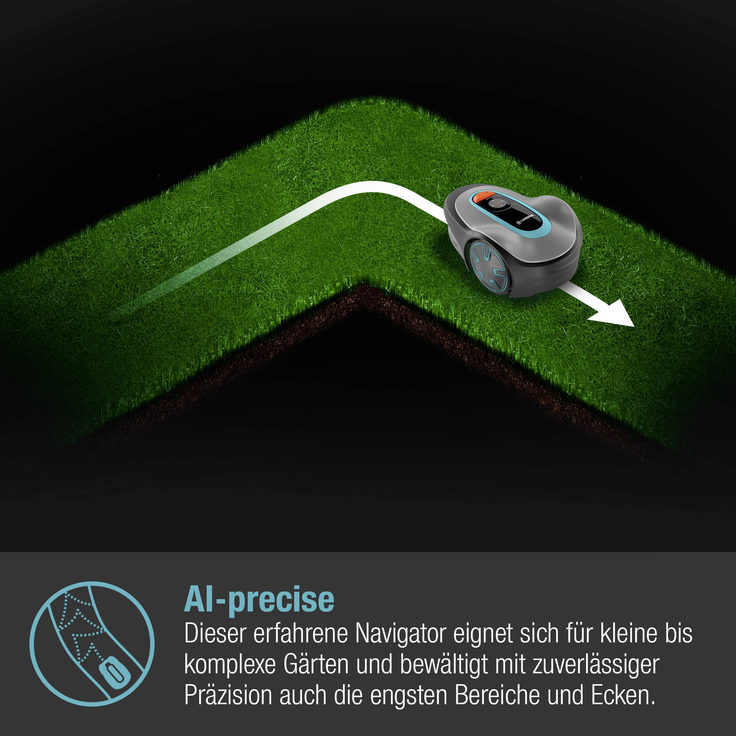 Le 'Navigateur AI-précis' de tondeuse robot navigue avec précision dans des jardins de petite à grande complexité, franchissant avec fiabilité les zones étroites et les coins.