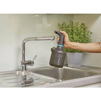 Une personne tient un arrosoir sous un robinet dans une cuisine. Une plante en pot est visible en arrière-plan.
