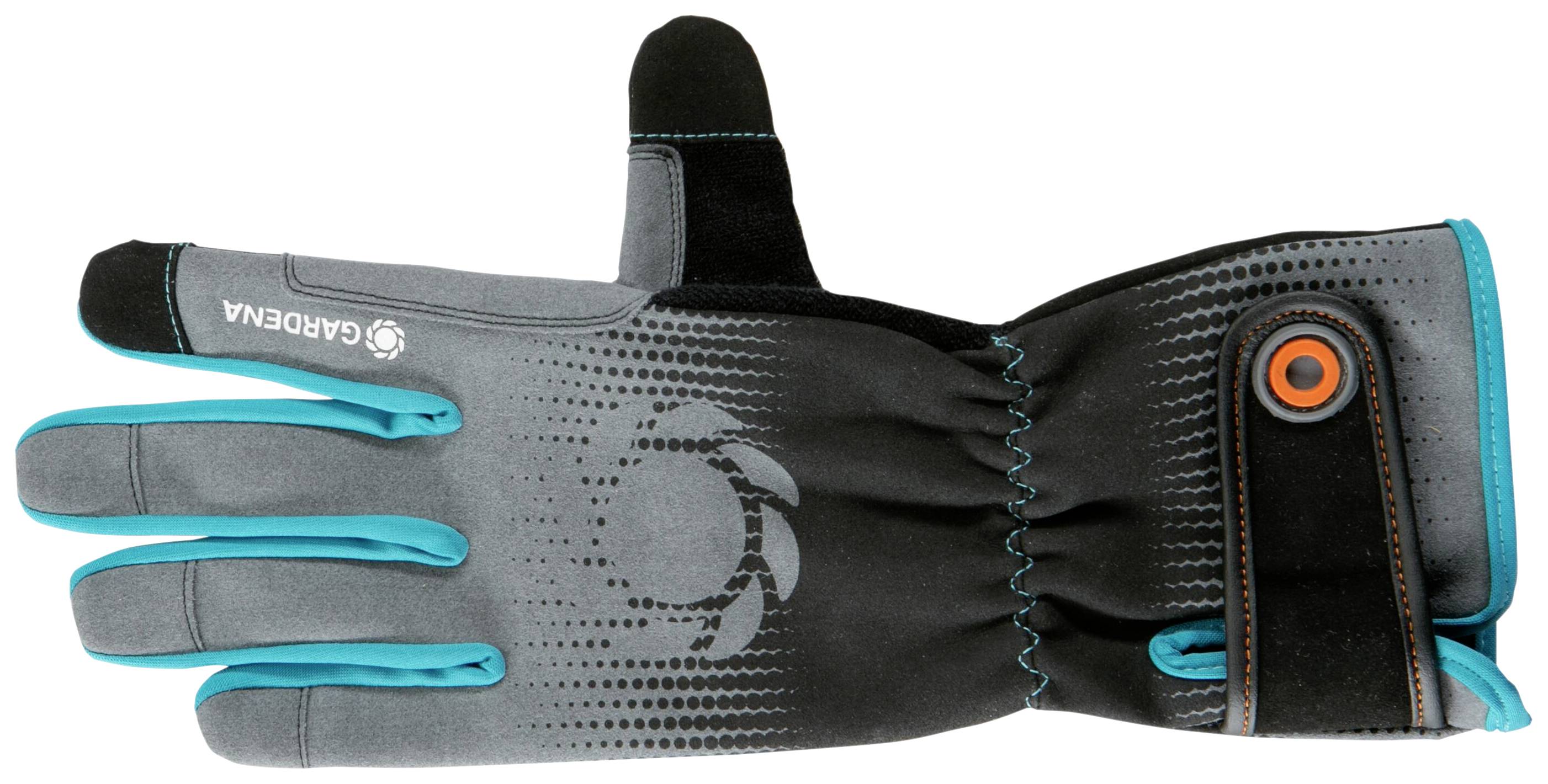 Gant de jardin en noir et gris avec un bord turquoise. Marquage 'Gardena' sur l'index. Fermeture ajustable au poignet.