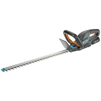 Taille-haie à batterie avec poignée ergonomique et long couteau de coupe ; adapté pour la taille précise des haies.